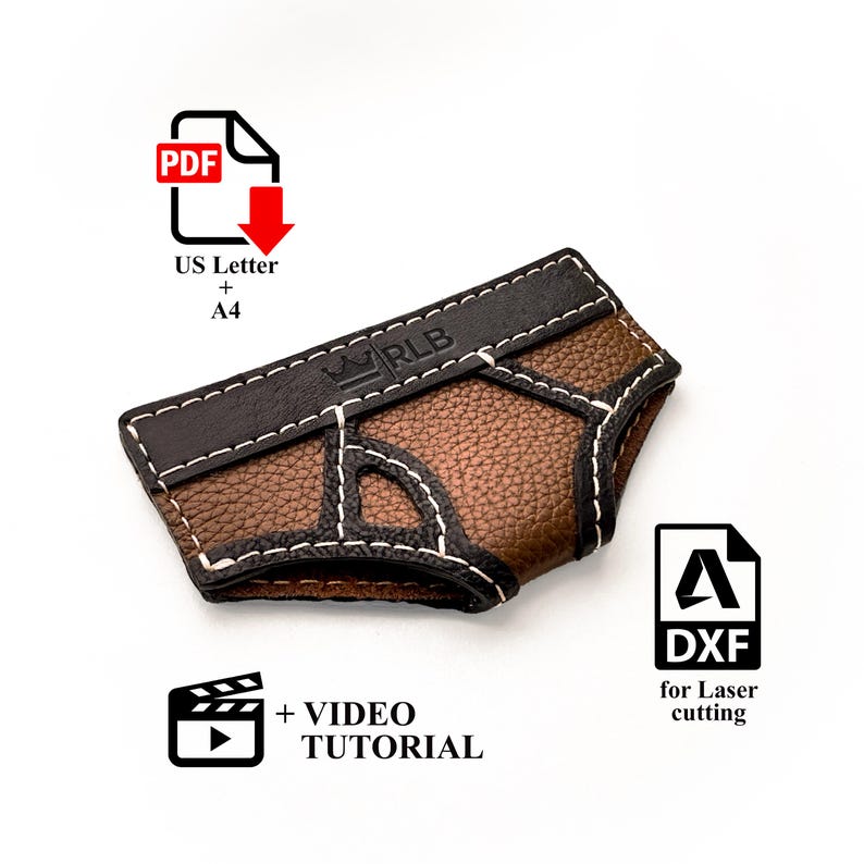 May include: A brown and black leather item with white stitching and the text "RLB". The item is designed with a unique shape and is likely a craft or DIY project. The image also includes icons for PDF, DXF, and a video tutorial.