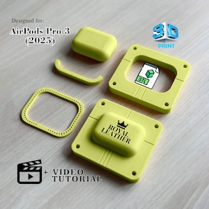 May include: A lime green 3D printed case designed for AirPods Pro 3 (2025). The case includes a frame, a lid, and a base with the text "ROYAL LEATHER". The image also includes the text "3D PRINT", "STL", and "+ VIDEO TUTORIAL".