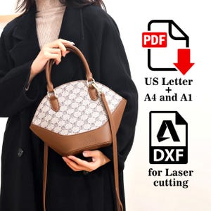 Puede incluir: Un bolso marrón y blanco con un estampado geométrico y una base marrón. El bolso tiene un asa superior y una correa larga para el hombro. El texto en el bolso dice "ROYAL GENTLEMAN". La imagen también incluye el texto "PDF", "US Letter + A4 and A1" y "DXF for Laser cutting".