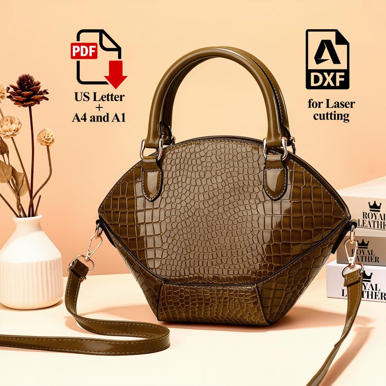 Peut inclure: Sac &agrave; main vert olive avec une texture imitation peau de crocodile, dot&eacute; d'une poign&eacute;e sup&eacute;rieure et d'une bandouli&egrave;re amovible. Le sac a une finition brillante et des &eacute;l&eacute;ments m&eacute;talliques. Le texte de l'image indique "PDF US Letter + A4 and A1" et "DXF for Laser cutting".