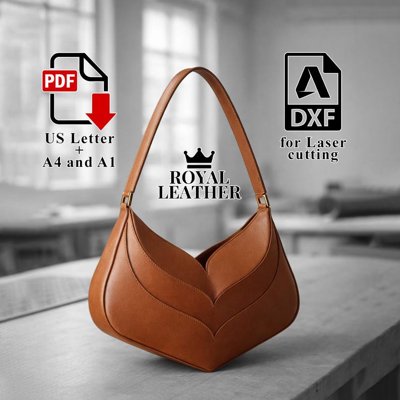 K&ouml;nnte beinhalten: Eine braune Leder-Umh&auml;ngetasche mit einem einzigartigen bl&uuml;tenblattartigen Design. Die Tasche hat einen langen Riemen und ist mit "ROYAL LEATHER" beschriftet. Das Bild enth&auml;lt auch PDF- und DXF-Dateisymbole mit Text, der die Kompatibilit&auml;t mit US Letter, A4- und A1-Formaten und Laserschneiden anzeigt.