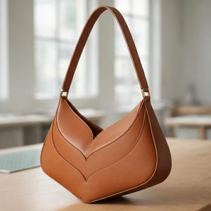 K&ouml;nnte beinhalten: Eine braune Leder-Umh&auml;ngetasche mit einem einzigartigen, kantigen Design. Die Tasche hat eine geschwungene Form mit einem zentralen V-f&ouml;rmigen Detail und einem langen, d&uuml;nnen Riemen. Die Tasche steht auf einer Holzoberfl&auml;che.