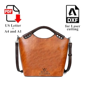 May include: A brown leather handbag with a top handle and a detachable shoulder strap. The bag has a textured surface and a logo that says "ROYAL LEATHER". The image also includes text that says "US Letter + A4 and A1" and "DXF for Laser cutting".