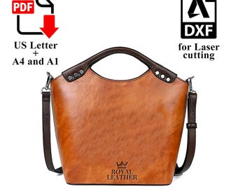 May include: A brown leather handbag with a top handle and a detachable shoulder strap. The bag has a textured surface and a logo that says "ROYAL LEATHER". The image also includes text that says "US Letter + A4 and A1" and "DXF for Laser cutting".