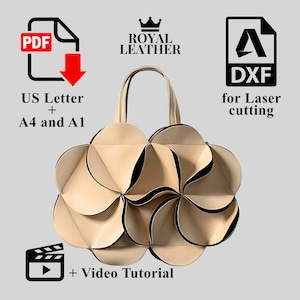 Puede incluir: Un bolso de mano de cuero beige con un diseño floral único. El bolso tiene un interior negro y dos asas. La imagen incluye el texto "Royal Leather", "PDF", "US Letter + A4 and A1", "DXF for Laser cutting" y "+ Video Tutorial".