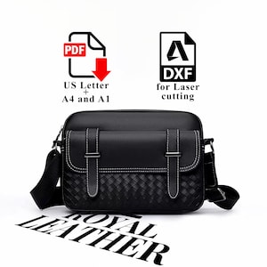 May include: A black rectangular shoulder bag with a woven texture on the lower front panel, two vertical straps with buckles, and a wide adjustable shoulder strap. Above the bag, icons indicate PDF files for US Letter, A4, and A1, plus DXF for laser cutting.