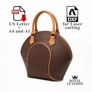 Peut inclure: Un sac à main en cuir marron avec des détails et des poignées beiges. Le sac a une forme arrondie avec une fermeture éclair et une bordure contrastante. Le texte "US Letter + A4 and A1" et "DXF for Laser cutting" sont visibles.