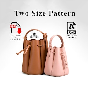 Puede incluir: Dos bolsos de cuero tipo cubo, uno marrón y otro rosa, con cierres de cordón y asas superiores. La imagen incluye el texto "Two Size Pattern", "US Letter + A4 and A1" y "DXF for Laser cutting". Las bolsas son de Royal Leather.
