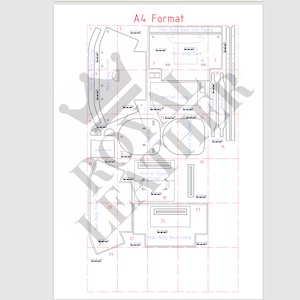 May include: A black and white line drawing of a pattern for a bag. The pattern is labeled with numbers and includes pieces for the main body, lining, zipper pocket, and straps. The pattern is labeled "A4 Format".