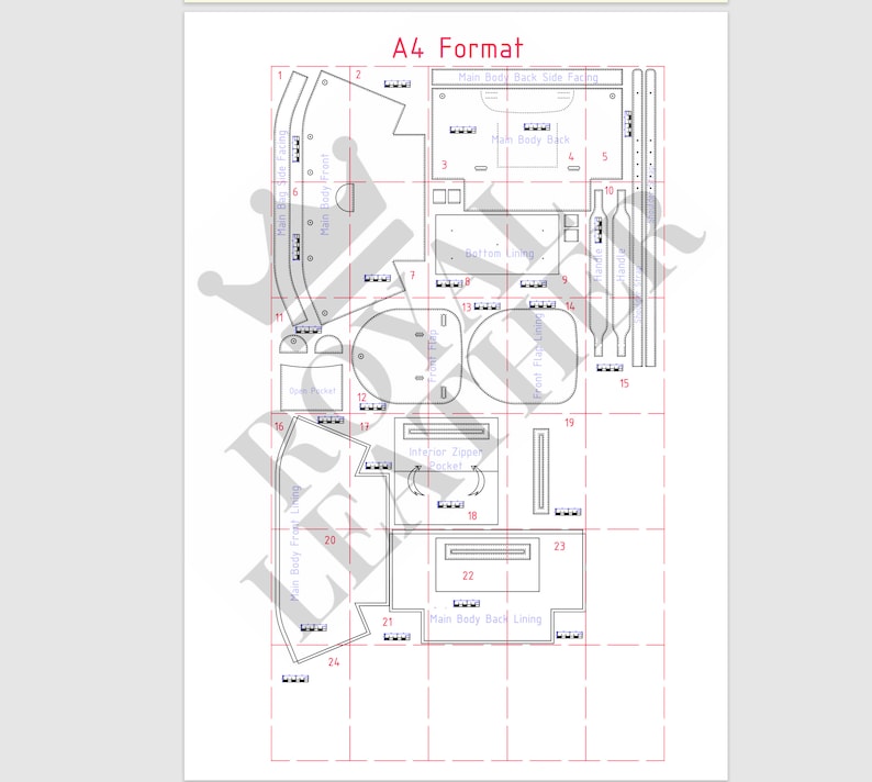 May include: A black and white line drawing of a pattern for a bag. The pattern is labeled with numbers and includes pieces for the main body, lining, zipper pocket, and straps. The pattern is labeled "A4 Format".