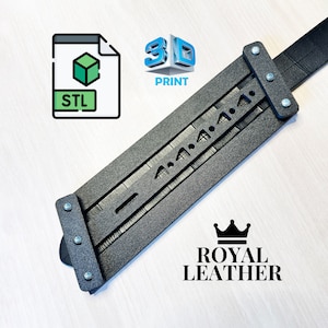May include: A black leather wristband with a decorative design featuring a series of triangles and a line. The wristband has silver metal rivets and the text "ROYAL LEATHER" is printed below the wristband. The image also includes a 3D print icon and a file icon labeled "STL".