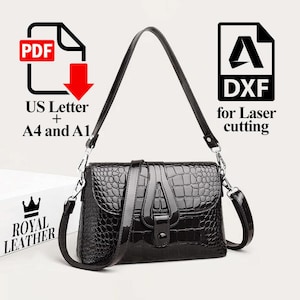 May include: A black, glossy leather handbag with a crocodile skin texture. The bag has a long shoulder strap and a flap closure. Text on the image includes "PDF", "US Letter + A4 and A1", "DXF for Laser cutting", and "ROYAL LEATHER".