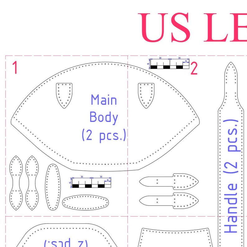 Peut inclure: Un patron en papier blanc pour un projet en cuir, avec diverses formes d&eacute;coup&eacute;es et le texte "Main Body (2 pcs.)" et "Handle (2 pcs.)". Comprend des lignes pointill&eacute;es pour la couture et une r&egrave;gle.