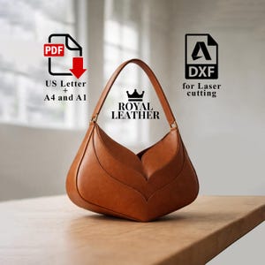K&ouml;nnte beinhalten: Eine braune Lederhandtasche mit einem einzigartigen blattartigen Design. Die Tasche hat einen einzelnen Griff und goldfarbene Beschl&auml;ge. Der Text "ROYAL LEATHER" ist sichtbar. Das Bild enth&auml;lt auch den Text "US Letter + A4 and A1" und "DXF for Laser cutting".