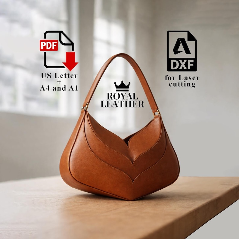 K&ouml;nnte beinhalten: Eine braune Lederhandtasche mit einem einzigartigen blattartigen Design. Die Tasche hat einen einzelnen Griff und goldfarbene Beschl&auml;ge. Der Text "ROYAL LEATHER" ist sichtbar. Das Bild enth&auml;lt auch den Text "US Letter + A4 and A1" und "DXF for Laser cutting".