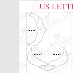 K&ouml;nnte beinhalten: Ein wei&szlig;es Papier mit einem Leder-Muster-Design. Das Design umfasst ein oberes und ein unteres Panel, mit gepunkteten Linien und Ma&szlig;anzeigen. Der Text "US LETTER" ist oben sichtbar.