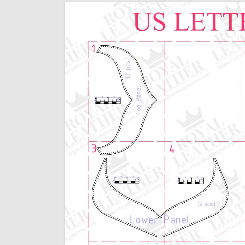 K&ouml;nnte beinhalten: Ein wei&szlig;es Papier mit einem Leder-Muster-Design. Das Design umfasst ein oberes und ein unteres Panel, mit gepunkteten Linien und Ma&szlig;anzeigen. Der Text "US LETTER" ist oben sichtbar.