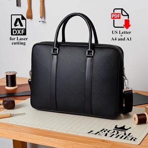 May include: Black leather briefcase with top handles and a detachable shoulder strap. The bag has a textured surface and silver-tone hardware. The image includes the text "DXF for Laser cutting" and "US Letter + A4 and A1".
