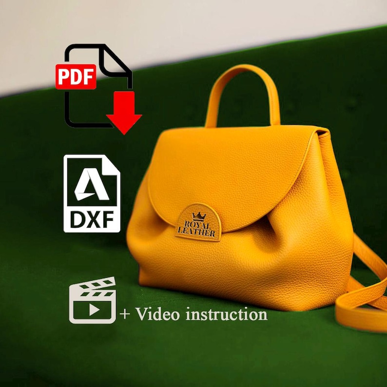 May include: A yellow leather handbag with a flap closure and a gold metal logo that says "Royal Leather". The bag comes with a PDF pattern, a DXF file, and video instructions.