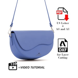 May include: A blue leather handbag with a curved shape and a silver clasp. The bag has a strap and a logo that says "Royal Leather". The image includes text that says "PDF, US Letter, A4 and A1, DXF for Laser Cutting, +VIDEO TUTORIAL".
