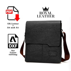 Peut inclure: Sac messager en cuir noir avec une bandoulière marron et une poche avant. Le sac porte un logo "Royal Leather" surmonté d'une couronne.