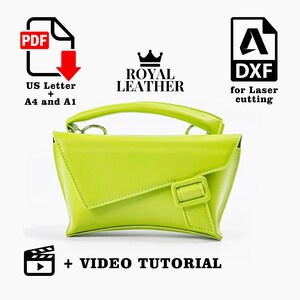 May include: A bright lime green handbag with a top handle and a rectangular buckle closure. The image includes text that says "PDF", "US Letter + A4 and A1", "ROYAL LEATHER", "DXF for Laser cutting", and "+ VIDEO TUTORIAL".