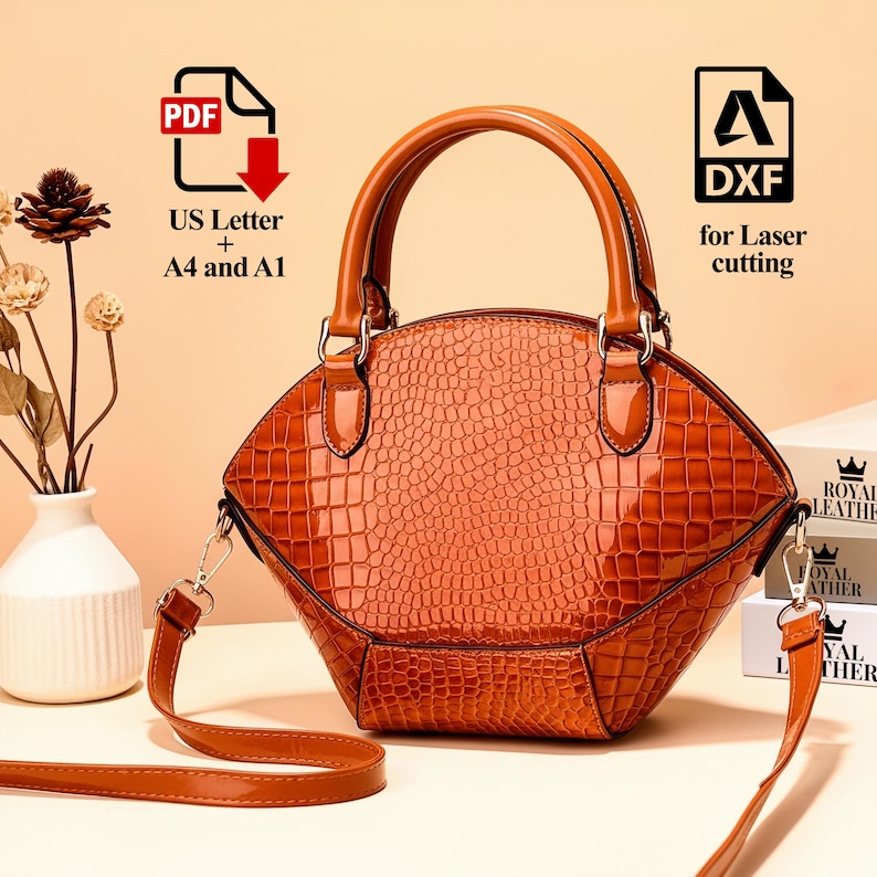 Peut inclure: Un sac &agrave; main marron textur&eacute; avec une poign&eacute;e sup&eacute;rieure et une bandouli&egrave;re amovible. Le sac a une forme unique et une finition brillante. L'image comprend le texte "PDF US Letter + A4 and A1" et "DXF for Laser cutting".