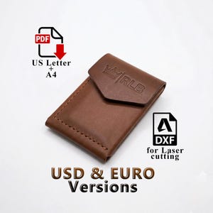 May include: A brown leather wallet with a flap closure. The wallet has the embossed letters "RLB" on the flap. The image also includes the text "PDF", "US Letter + A4", "DXF for Laser cutting", and "USD & EURO Versions".