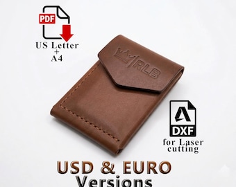 May include: A brown leather wallet with a flap closure. The wallet has the embossed letters "RLB" on the flap. The image also includes the text "PDF", "US Letter + A4", "DXF for Laser cutting", and "USD & EURO Versions".
