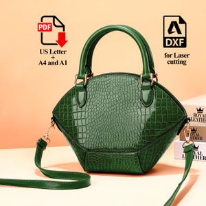 Peut inclure: Un sac &agrave; main vert &eacute;meraude brillant avec une texture en peau de crocodile. Le sac a une poign&eacute;e sup&eacute;rieure et une bandouli&egrave;re amovible. L'image comprend le texte "PDF US Letter + A4 and A1" et "DXF for Laser cutting".