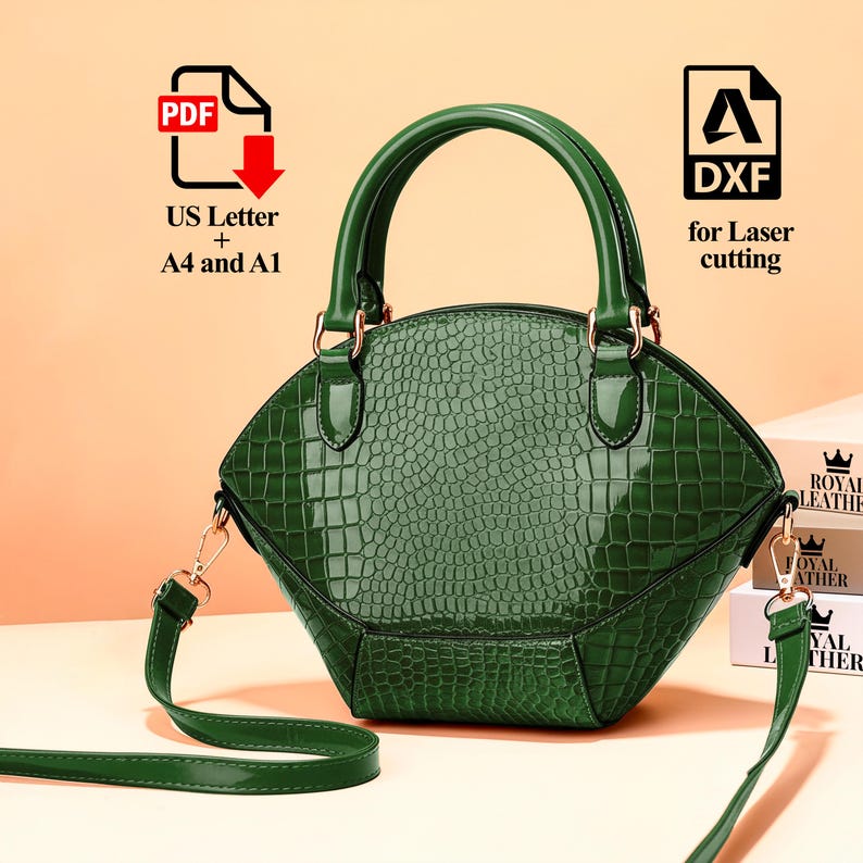 Peut inclure: Un sac &agrave; main vert &eacute;meraude brillant avec une texture en peau de crocodile. Le sac a une poign&eacute;e sup&eacute;rieure et une bandouli&egrave;re amovible. L'image comprend le texte "PDF US Letter + A4 and A1" et "DXF for Laser cutting".