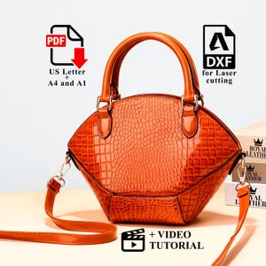 Peut inclure: Un sac &agrave; main orange textur&eacute; avec une poign&eacute;e sup&eacute;rieure et une bandouli&egrave;re amovible. Le sac a une forme unique et une finition brillante. L'image comprend &eacute;galement du texte qui dit "PDF", "US Letter + A4 and A1", "DXF for Laser cutting", et "+ VIDEO TUTORIAL".