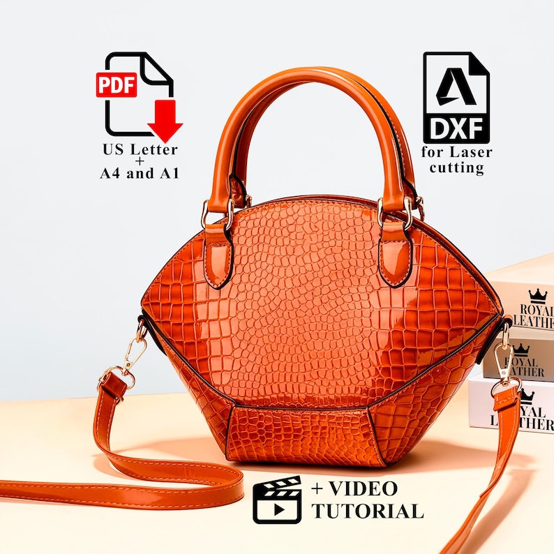 Peut inclure: Un sac &agrave; main orange textur&eacute; avec une poign&eacute;e sup&eacute;rieure et une bandouli&egrave;re amovible. Le sac a une forme unique et une finition brillante. L'image comprend &eacute;galement du texte qui dit "PDF", "US Letter + A4 and A1", "DXF for Laser cutting", et "+ VIDEO TUTORIAL".