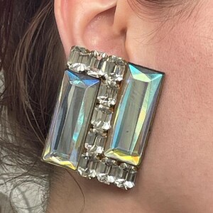 Vintage 70s Chunky Gemstone Earrings, Geometric, Square, Clip-on Earrings, Disco Inspired Style, 1970s Costume Jewellery