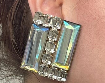 Vintage 70s Chunky Gemstone Earrings, Geometric, Square, Clip-on Earrings, Disco Inspired Style, 1970s Costume Jewellery