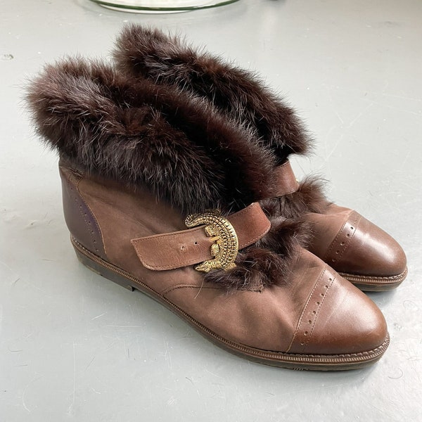 Vintage Rabbit Fur Trimmed Ankle Boots, Dark Brown Suede with Leather Tips, Gold Crocodile Fastening, Quirky and Unusual, Size 7 UK, EU 40