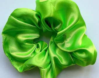 Neon Green Lime Satin Scrunchie, Sustainable Hair Accessories, Offcuts, Deadstock Fabric, Bright Green, Kind to Hair, Elastic, Made in UK