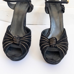 Y2K Gucci Platform Heels, Black and Gold, Ankle Straps and Stilettos, Great Gatsby Style, Flapper Girl, Size 7 UK, EU 40, US 10