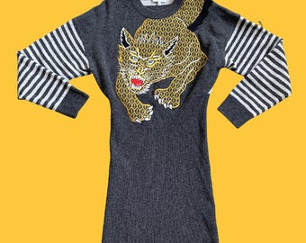 Y2K Kenzo Tiger Motif Sweater Dress, Bodycon Fit with Batwing Sleeves, Stretchy Fabric, Embroidered Tiger Detail,  Size XS