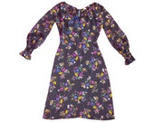 Vintage Black Floral Dress Semi Sheer Bishop Sleeves Mini Dress 70s 1970s Size 16 EU 44 Large