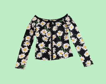 Betsey Johnson Punk Label 1990s Reissue Daisy Print Top | Black White Yellow Floral | Stretch Cotton | Size 12 UK, EU 40, US 8