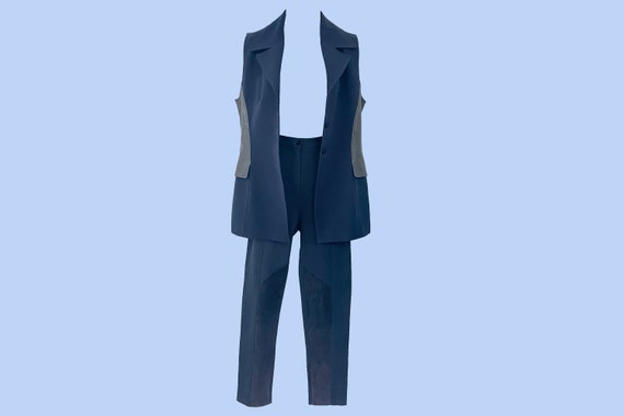Vintage 80s Sleeveless Two Piece Suit with Leathe… - image 1