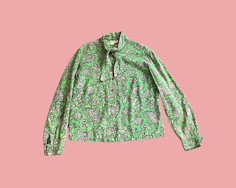 Vintage Hardy Amies Baroque Print Pussy Bow Blouse | Wool Cotton Blend | Green & Grey | Long Sleeve | Button Front | UK 10, EU 38, US 6