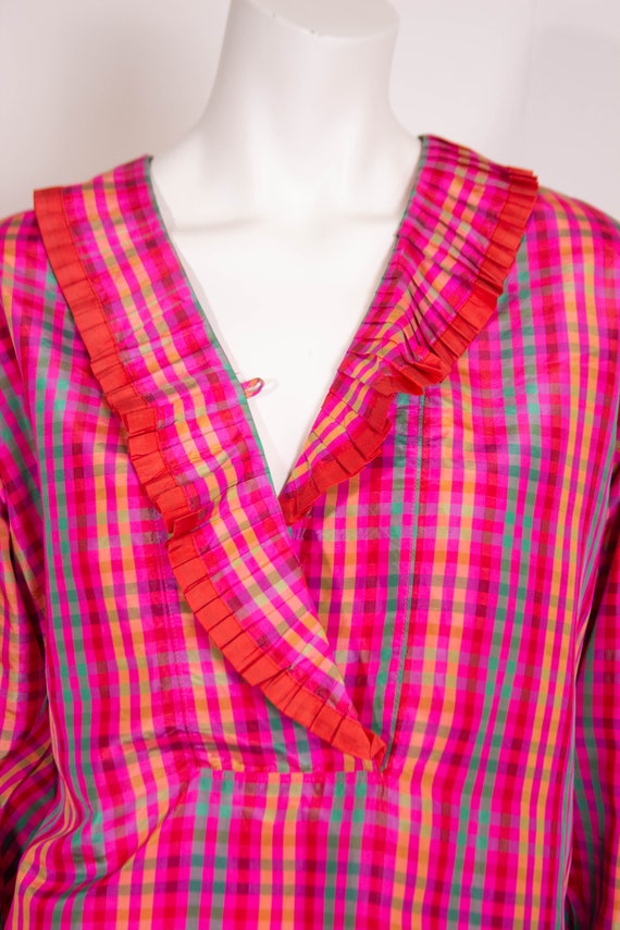 Vintage 80s Kenzo Check Blouse / Taffeta / Pink P… - image 3