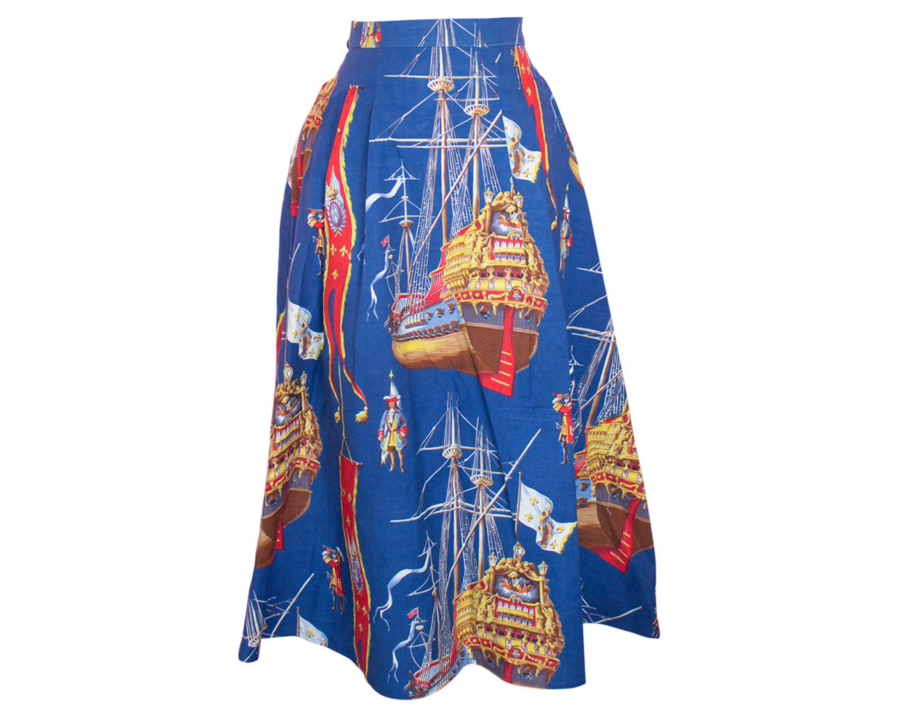 Image of Reclaimed Fabric A-Line Skirt/Pirate Ship Print Found Pockets Custom Made Ooak Size  Eu
