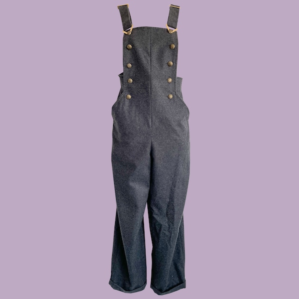 Vintage 80s Versace Dungarees, Grey Wool with Gold and Brass Details, Overalls, Tailored Designer, 1980s, Sleeveless