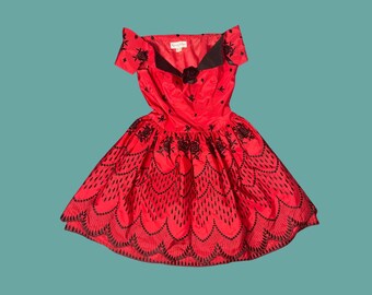 Vintage 1980s Terence Nolder Prom Dress | Red & Black Floral Off Shoulder Dress | Dramatic A-Line Party Dress | UK 10, EU 36, US 6