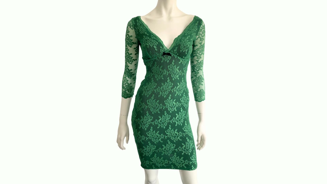 Wheels and Dollbaby Green Wiggle Dress, Bodycon Above the Knee V-neck Dress, Emerald Green, Size 8, EU 36, US 4
