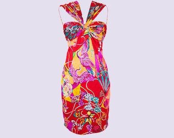 Vintage 80s Louis Feraud Halterneck Dress: Japanese Bird Print, Size 12 UK