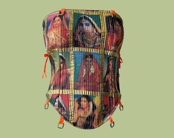 Y2K Manish Arora Loves Fish Fry Photographic Print Corset | Indian Portrait Print | Quilted Gold | Orange Strapping | Bustier Top | Size XS